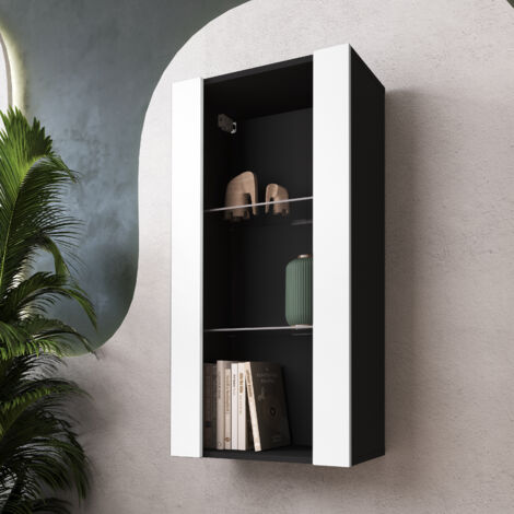 Komodee Vitrine Suspendue Tivoli Vertical 100, Noir/Blanc, Sans LED Largeur 100cm x Hauteur 50cm x Profondeur 29,5cm, 2 étagères en verre, pour Salon, Chambre (1/5)