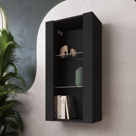 Komodee Vitrine Suspendue Tivoli Vertical 100, Noir/Noir, Sans LED Largeur 100cm x Hauteur 50cm x Profondeur 29,5cm, 2 étagères en verre, pour Salon, Chambre (1/5)