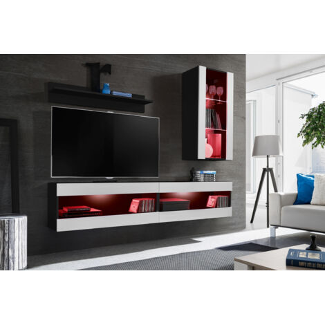 Komodee, Ensemble de Meubles Tivoli SET5,Noir/Blanc, Largeur 200cm x Hauteur 195 cm x Profondeur 35 cm, LED Multicolore, pour Salon, Chambre à coucher (1/5)