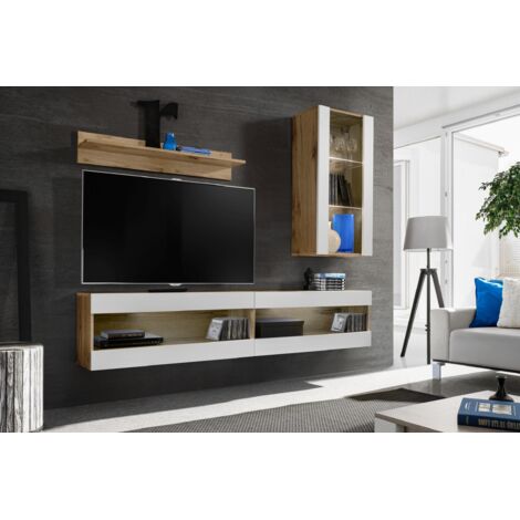Komodee, Ensemble de Meubles Tivoli SET5,Wotan/Blanc, Largeur 200cm x Hauteur 195 cm x Profondeur 35 cm, sans LED, pour Salon, Chambre à coucher (1/5)