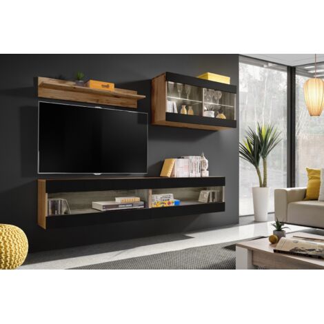 Komodee, Ensemble de Meubles Tivoli SET6, Wotan/Noir, Largeur 200cm x Hauteur 195 cm x Profondeur 35 cm, sans LED, pour Salon, Chambre à coucher (1/5)