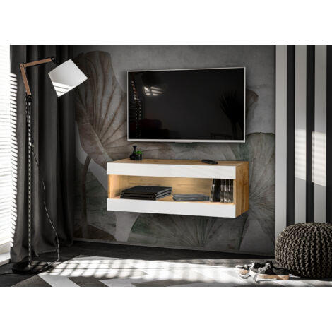 Komodee, Meuble TV - Armoire Suspendue Tivoli RTV2, Wotan/Blanc, Largeur 100cm x Hauteur 36cm x Profondeur 35cm, sans LED, pour Salon, Chambre à coucher (1/5)