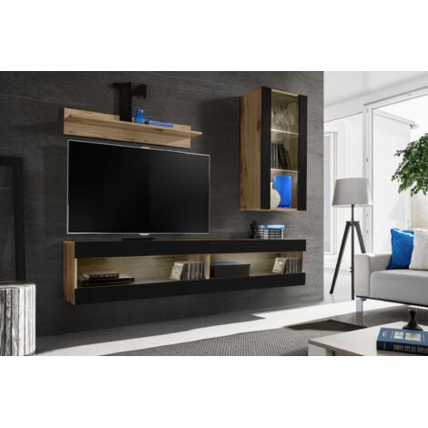 Komodee, Ensemble de Meubles Tivoli SET5,Wotan/Noir, Largeur 200cm x Hauteur 195 cm x Profondeur 35 cm, sans LED, pour Salon, Chambre à coucher (1/5)