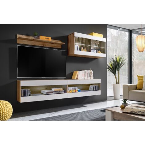 Komodee, Ensemble de Meubles Tivoli SET6, Wotan/Blanc, Largeur 200cm x Hauteur 195 cm x Profondeur 35 cm, sans LED, pour Salon, Chambre à coucher (1/5)