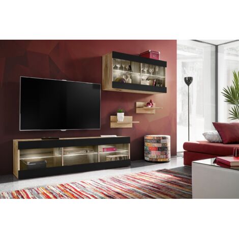 Komodee, Ensemble de Meubles Tivoli SET3,Wotan/Noir, Largeur 240cm x Hauteur 159 cm x Profondeur 35 cm, sans LED, pour Salon, Chambre à coucher (1/5)