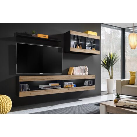 Komodee, Ensemble de Meubles Tivoli SET6, Noir/Wotan, Largeur 200cm x Hauteur 195 cm x Profondeur 35 cm, sans LED, pour Salon, Chambre à coucher (1/5)