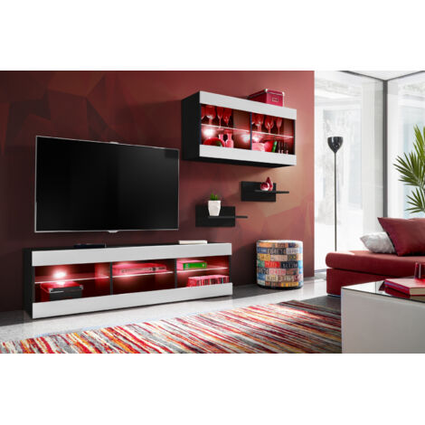 Komodee, Ensemble de Meubles Tivoli SET3,Noir/Blanc, Largeur 240cm x Hauteur 159 cm x Profondeur 35 cm, LED Multicolore, pour Salon, Chambre à coucher (1/5)