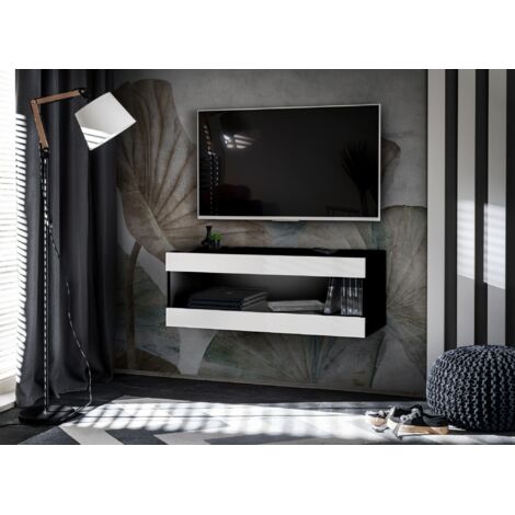 Komodee, Meuble TV - Armoire Suspendue Tivoli RTV2, Noir/Blanc, Largeur 100cm x Hauteur 36cm x Profondeur 35cm, sans LED, pour Salon, Chambre à coucher (1/5)
