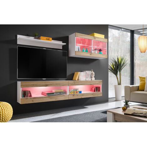 Komodee, Ensemble de Meubles Tivoli SET6, Blanc/Wotan, Largeur 200cm x Hauteur 195 cm x Profondeur 35 cm, LED Multicolore, pour Salon, Chambre à coucher (1/5)