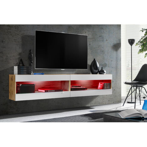 Komodee, Ensemble de Meubles Tivoli SET4,Wotan/Blanc, Largeur 200cm x Hauteur 41 cm x Profondeur 35 cm, LED Multicolore, pour Salon, Chambre à coucher