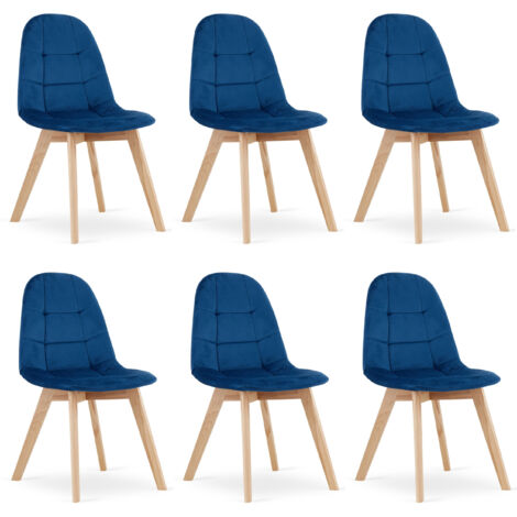 Chaise SORANO bleu marine velours pieds en bois de hêtre 6 pièces pour salon, cuisine, chambre, dimensions 45x82x54 cm, charge jusqu'à 110 kg (1/5)