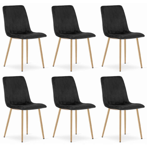 Chaise ORSARA en velours noir, pieds en métal couleur bois, dimensions 43x90x51 cm, pour salon, bureau, set de 6 pièces, capacité de charge 110 kg (1/5)