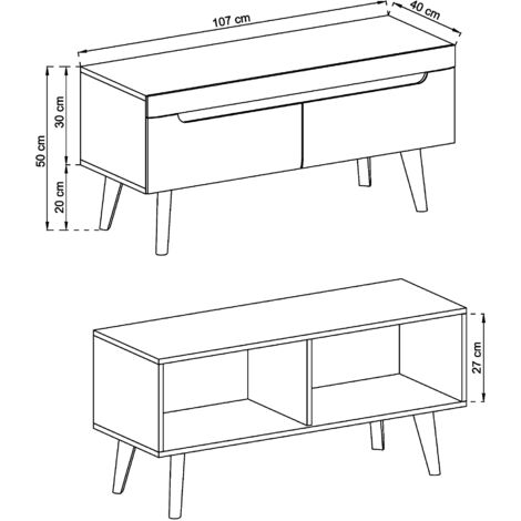 Meuble TV SUDBURRY RTV107 - Chêne - Accessoires Noirs - 2 Tiroirs - Largeur 107 cm, Hauteur 50 cm, Profondeur 40 cm (1/3)