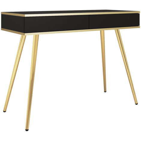 Coiffeuse Banff T102 - Noire - Détails dorés - 2 Tiroirs - Largeur 102 cm, Hauteur 80 cm, Profondeur 50 cm (1/4)