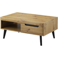 Table Basse SUDBURRY - Chêne - Accessoires Noirs - 2 Tiroirs - Largeur 107 cm, Hauteur 46 cm, Profondeur 67 cm