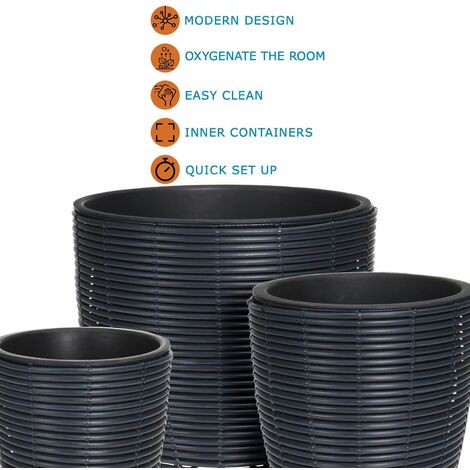 idooka 3 Round Black Plastic Rattan Plant Flower Pots Indoor Plants ...