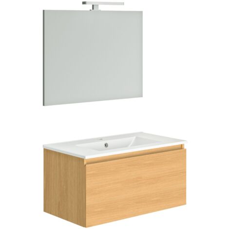 Allibert Ensemble Meuble de salle de bain 1 tiroir SINGLE éclairage LED et miroir - couleur chêne atlas - 80 x 40 x 46 cm