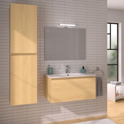 Allibert Ensemble Meuble de salle de bain 1 tiroir SINGLE éclairage LED et miroir - couleur chêne atlas - 80 x 40 x 46 cm