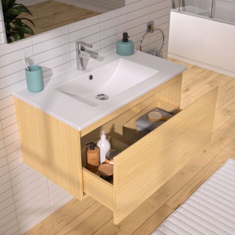 Allibert Ensemble Meuble de salle de bain 1 tiroir SINGLE éclairage LED et miroir - couleur chêne atlas - 80 x 40 x 46 cm