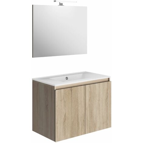 Allibert Meuble de salle de bain 2 portes BAZIL éclairage LED 6 W et miroir 80 x 58 x 46 cm - Couleur chêne
