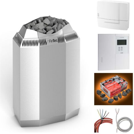 FinTec Elektro Saunaofen-Set KAJA (10,5 kW inkl. externer Steuerung aus Metall in Silber Silber