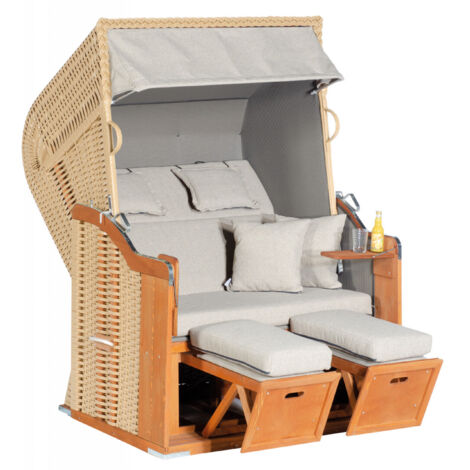 SunnySmart Garten-Strandkorb Rustikal 255 PLUS 2-Sitzer beige/taupe/blau mit Kissen (1/5)
