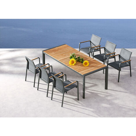 Best Freizeitmöbel Sitzgruppe Paros 7-teilig Tisch + 6 Stapelsessel 210 x  90 cm anthrazit/Teak