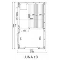Infraworld Luna 2 Außensauna mit Lärche-Fassadenprofile versch. Fenstergrößen und Inneneinrichtung Luna 2B - Panorama-Fenster (BxH): 1440 x 1620 mm, Türe versetzt, 2 Liegen