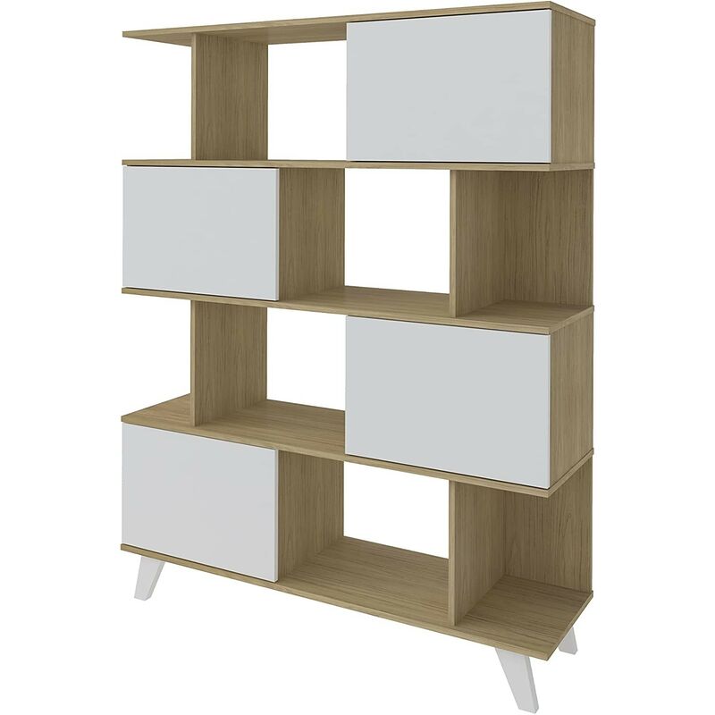 Momma Home Estantería con puertas librería acabados en roble y blanco patas de madera quiatur 120x35x155 cm modelo