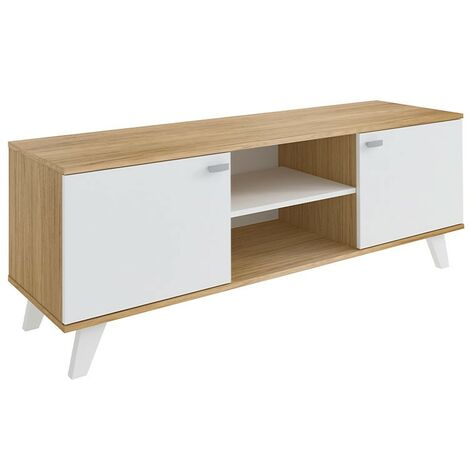 MOMMA HOME Mueble TV Salón, Mesa televisión 2 Puertas, Acabado en Roble y Blanco, Patas de Madera, QUIATUR, 140 x 51 x 40 cm