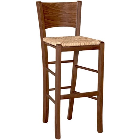 Sgabello Lucy h 73 cm in legno di faggio color noce scuro con seduta in paglia