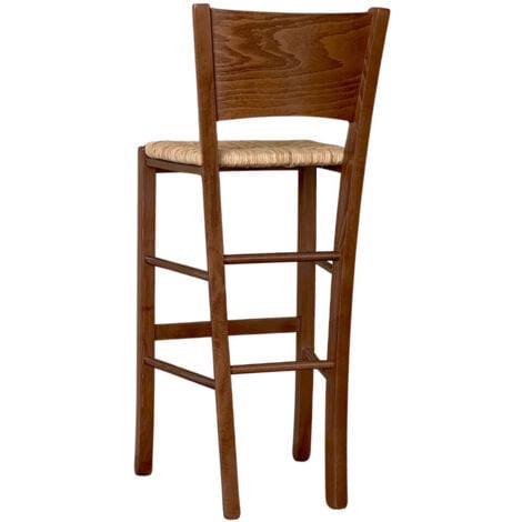 Sgabello Lucy h 73 cm in legno di faggio color noce scuro con seduta in paglia