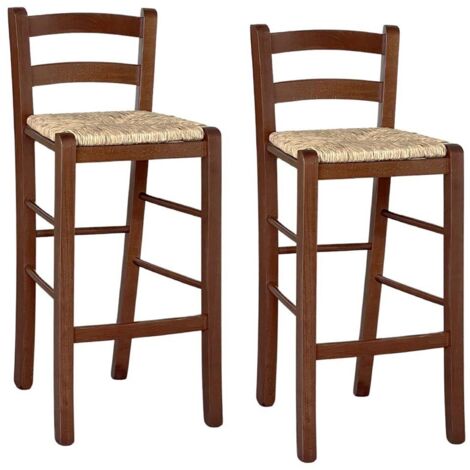 Set 2 Sgabelli bar in legno seduta in paglia noce scuro h 67 cm