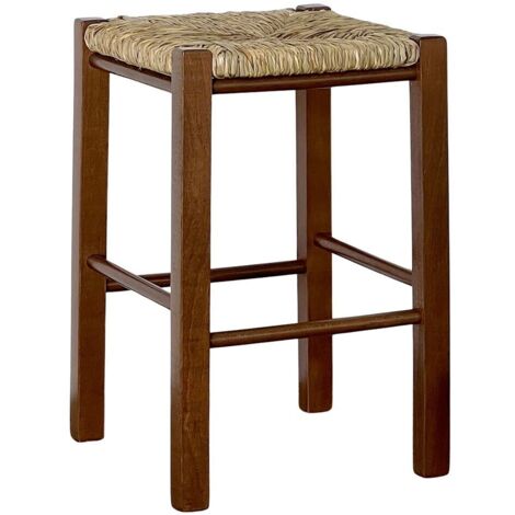 Sgabello legno seduta quadrata paglia h 47 cm noce scuro gamba dritti