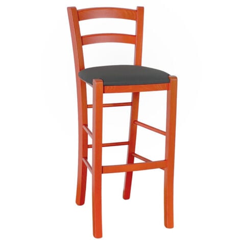 Sgabello Alto in Legno arancione h 73 cm Rustico con seduta similpelle antracite