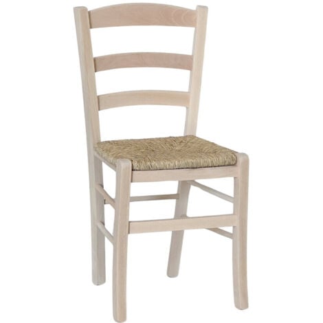 Sedia da sala da pranzo in legno paesana da dipingere con sedile in paglia