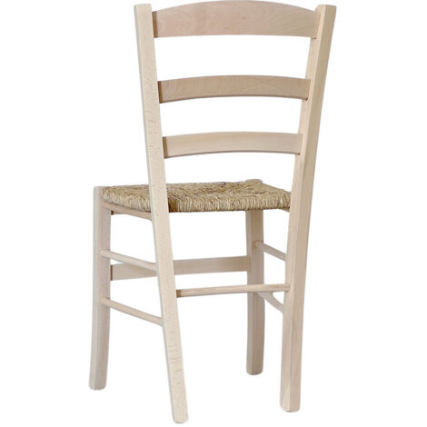 Sedia da sala da pranzo in legno paesana da dipingere con sedile in paglia