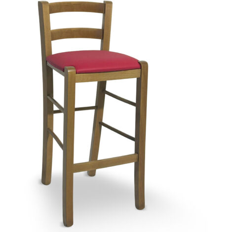 Sgabello in legno noce chiaro con schienale h 66 cm con seduta similpelle rosso (1/5)