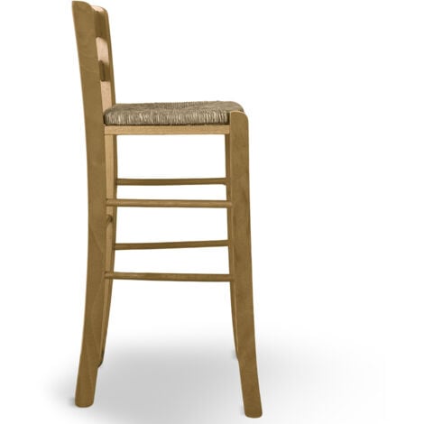 Sgabello in legno in tinta noce chiaro con schienale h 67cm  seduta in paglia