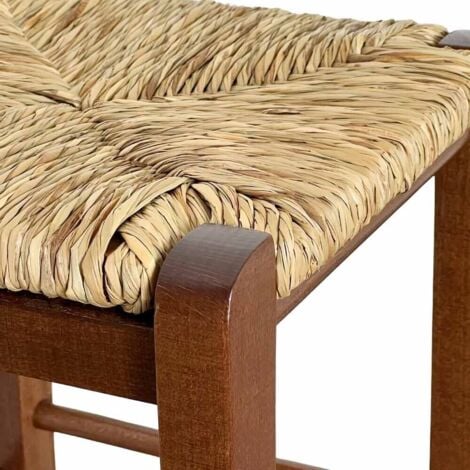 Sgabello in legno h 47 cm con seduta in paglia noce scuro gambe a sciabola
