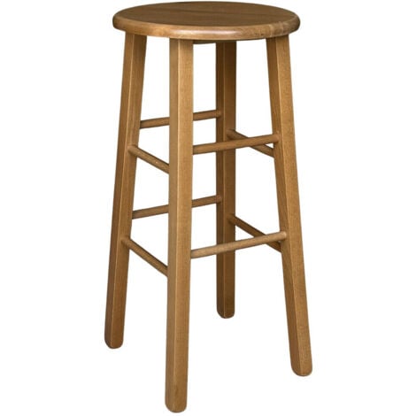 Sgabello in legno massello noce chiaro h 68cm con seduta rotonda e gambe dritte