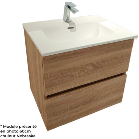 Eiffel Art Construction – Meuble salle de bain suspendu 70 cm en bois miel – 2 tiroirs coulissants – Simple vasque céramique brillante – Pré-monté pour installation facile