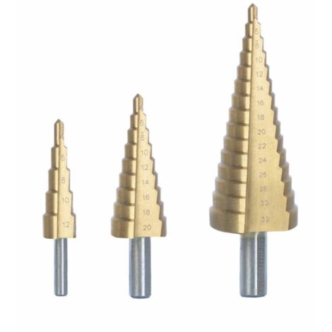 Foret étagés en titanium par 3 avec valisette - de 4 à 32 mm
