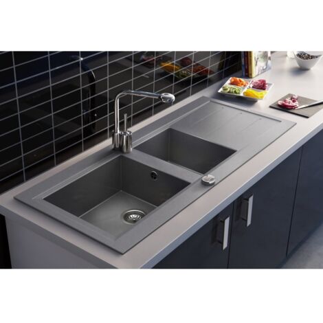 Carea Cuisine & Bain – Évier à encastrer 2 bacs Carealith® – Résistant à la chaleur jusqu'à 300°C – Hygiénique et facile à entretenir – Dimensions 117x50x18 cm (1/4)