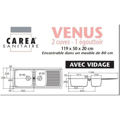 CAREA - Évier à encastrer VÉNUS 2 bacs Gris béton