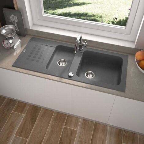Carea Cuisine & Bain – Évier à encastrer 2 bacs réversible – Carealith® résistant à la chaleur jusqu'à 300°C – Dimensions 118x50x18 cm – Livré avec accessoires (1/2)