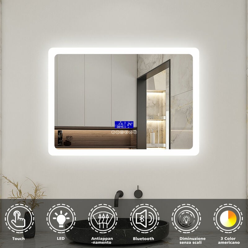 AICA Specchi per bagno LED con Anti-Appannamento 70x50cm Interruttore Touch  Specchio Parete, Bluetooth, Funzione Memoria, Risparmio Energetico IP44,  Luce Regolabile a 3 Colori