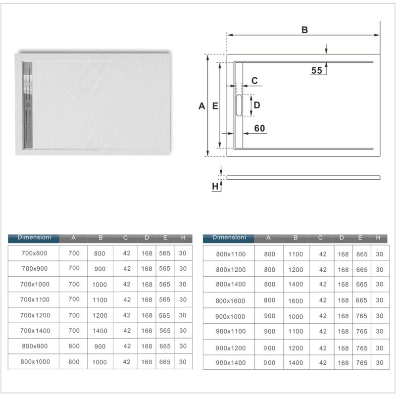 Piatto Doccia Rettangolare 100x80cm in Pietra Vulcanica e Resina Mista Finitura Pietra Bianca Ruvida Ultraslim 3 cm Piatto Doccia Rettangolare 100x80cm in Pietra Vulcanica e Resina Mista Finitura Pietra Bianca Ruvida Ultraslim 3 cm