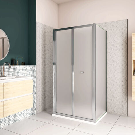 185cm Box Doccia a Tre Lati Porta a Soffietto 70cm con Doppia Parete Fissa 70x70cm in Vetro Temperato Satinato Opaco 5 mm Profilo Cromato Lucido (1/5)