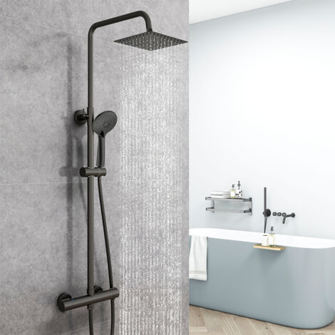 AICA ITALY Colonne Doccia Termostatiche, Sistema Doccia con Miscelatore Termostatico a 38℃, Colonna Doccia in Acciaio Inox con 4 Pollici Doccetta Rotonda Altezza Regolabile 735-1170mm Nero